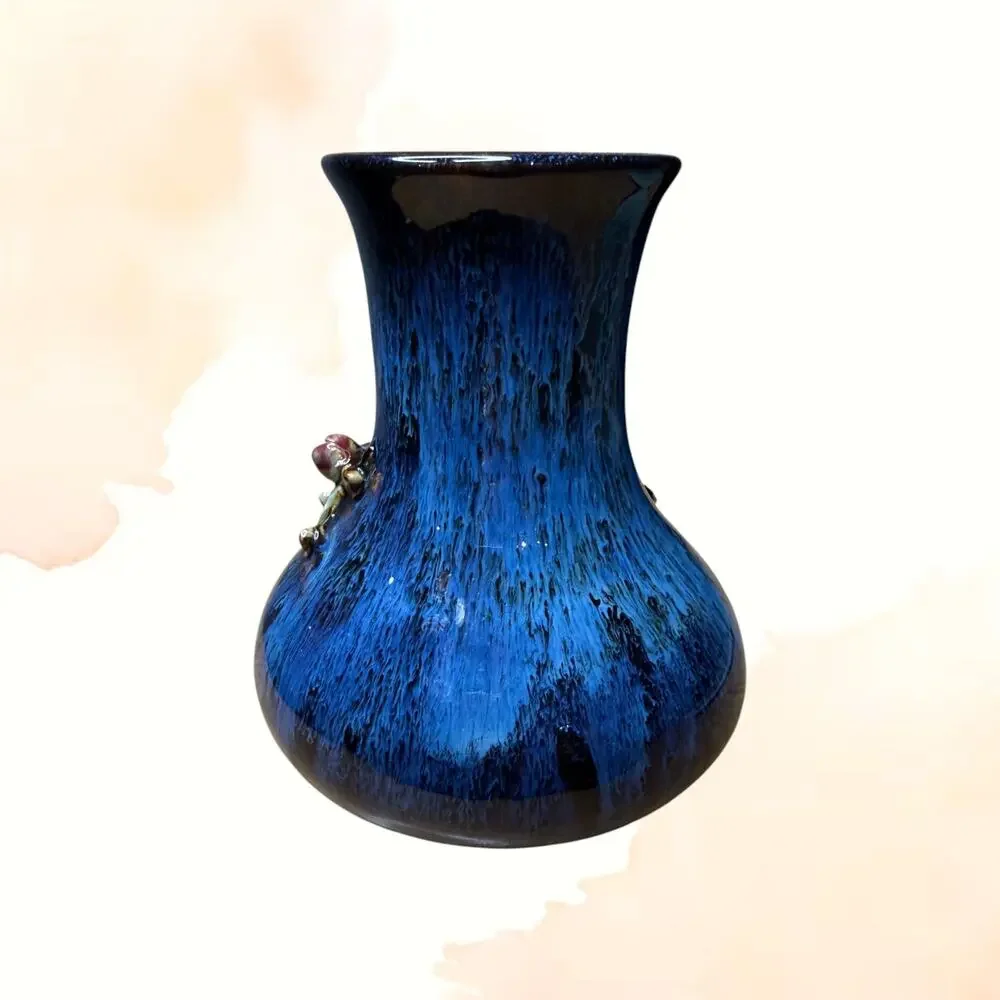 Vintage Signed Blue Drip Glaze Pottery Vase Applied Cherry Blossoms MCM 7